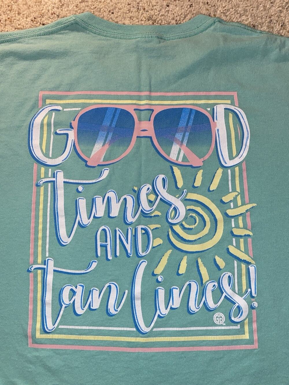 Women’s Good Times And Tan Lines Summer Beach Tee Size Large Sea Green Shirt